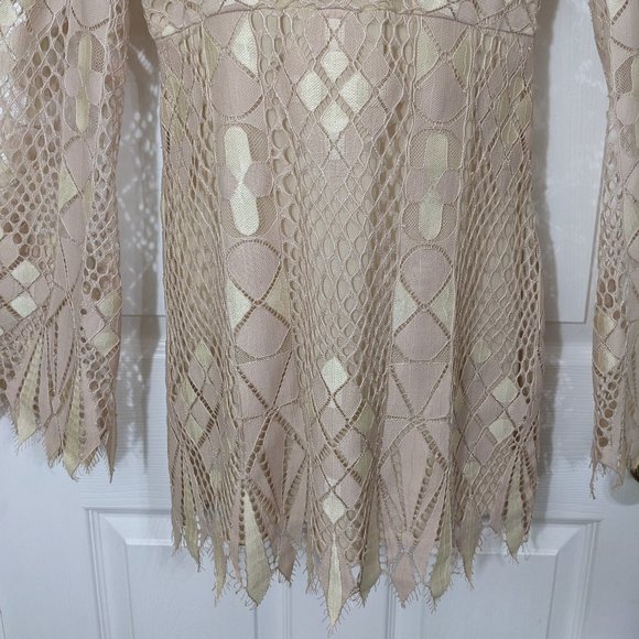 Free People Ivory Beige Deco Lace Cutout Eyelash Hem Bell Sleeve Mini Dress - 8* - Picture 7 of 15